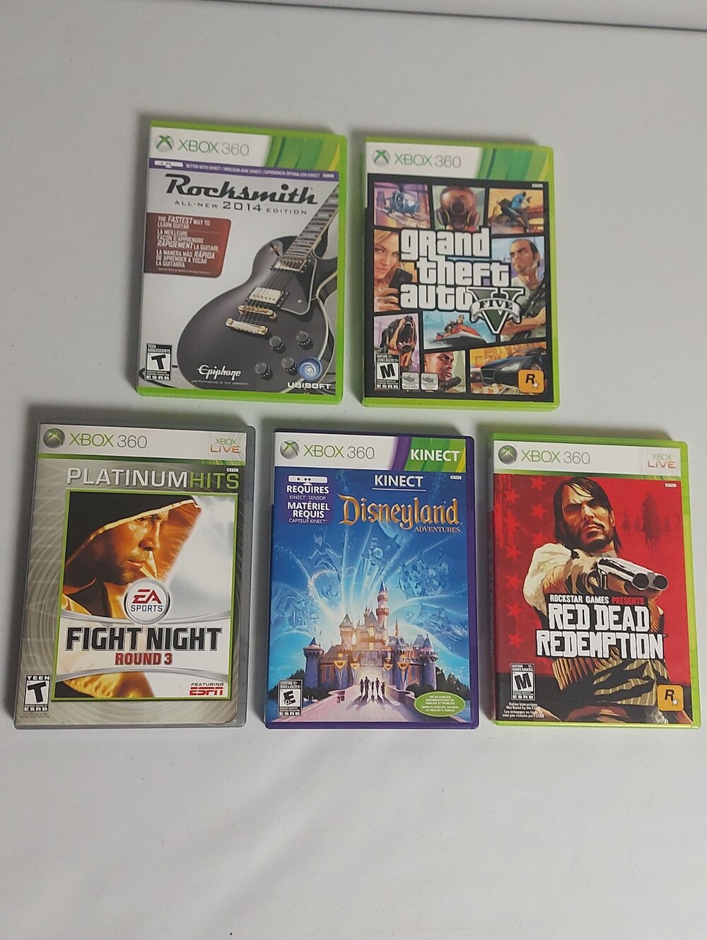 ​Xbox 360 Game Lot of 5 GTA V Red Dead Redemption Fight Night Rocksmith Disneyla
